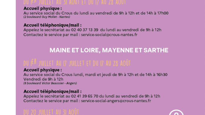 Affiche indiquant les permanences du service social pendant les vacances d'été