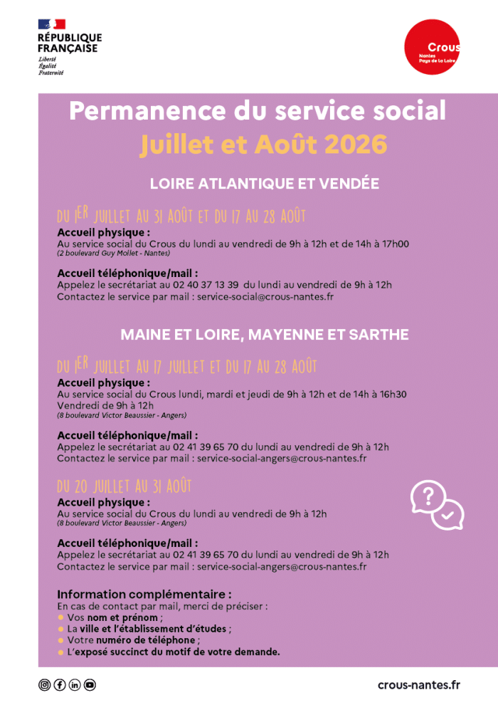 Affiche indiquant les permanences du service social pendant les vacances d'été